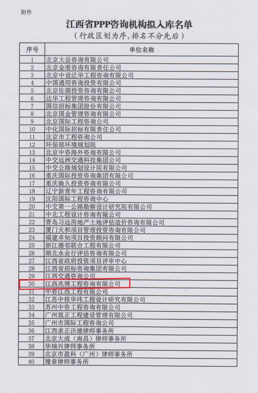 江西省PPP咨询机构库